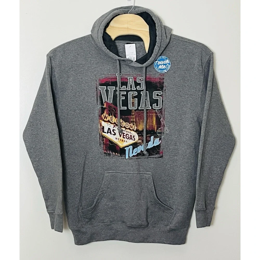 NWT Las Vegas Hoodie Men's Large Gray Graphic‎ The Strip Vacation DadCore Cozy
